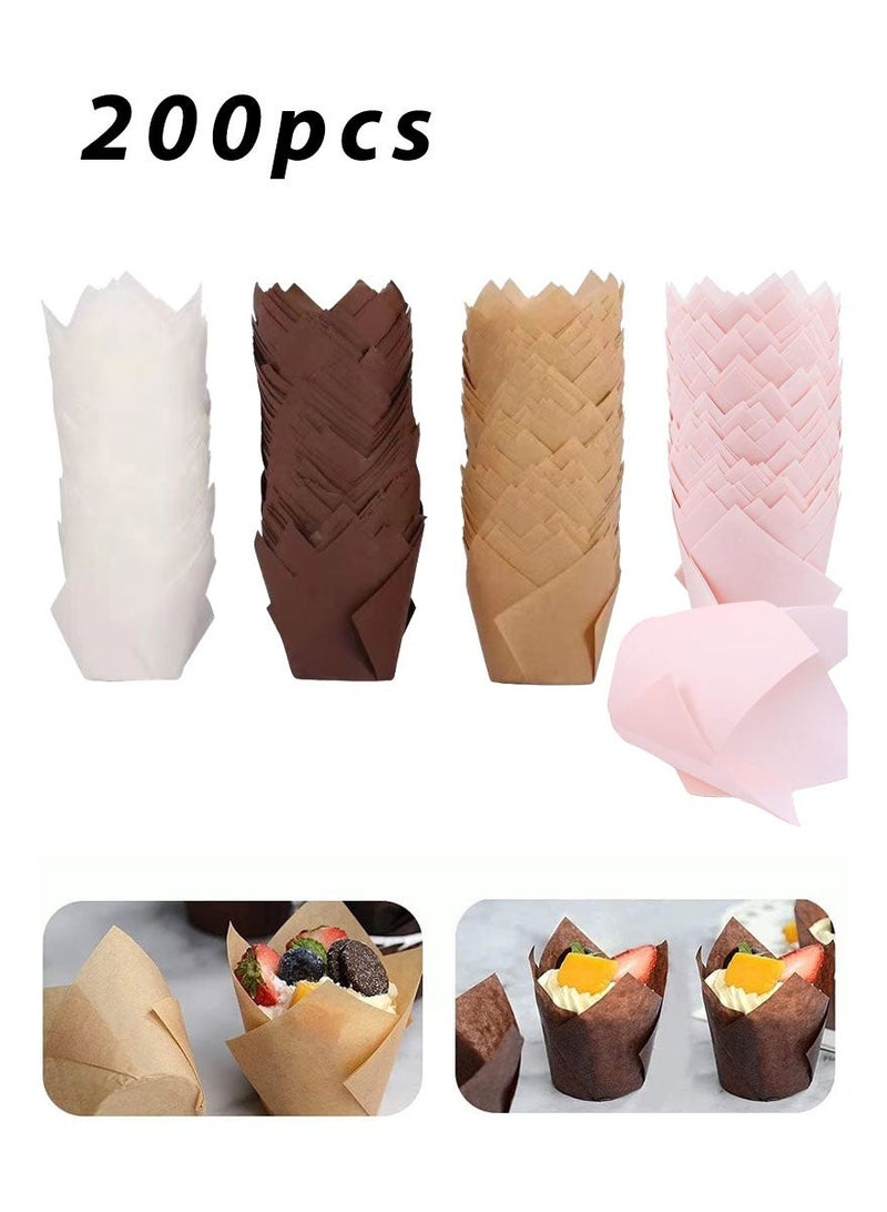 Pack of 200 Tulip Baking Cups Cupcake Liners Baking Cups Muffin Wrappers Made of Greaseproof Paper Ideal for Birthday Parties, Weddings, Bakeries, Restaurants, Four Colors - Image 1